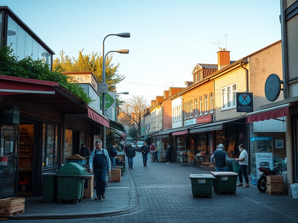 Ilustracja przedstawiająca proces przetwarzania odpadów na energię i kompost w Bydgoszczy, z logo miasta