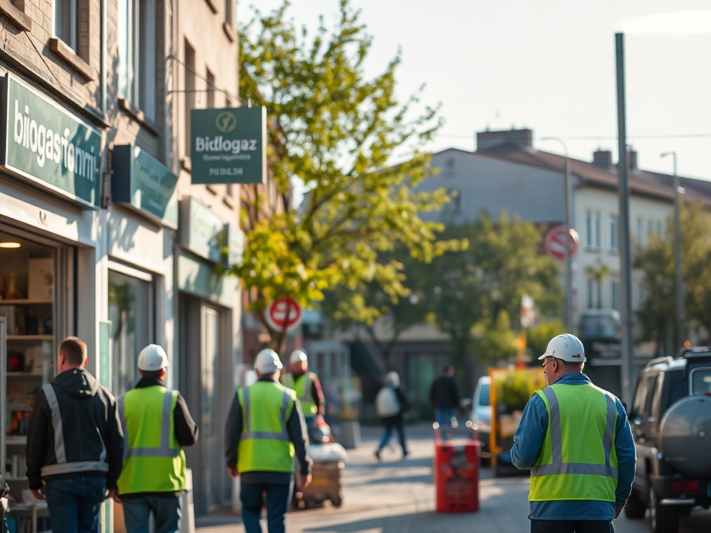 Ilustracja przedstawiająca nowoczesną biogazownię, symbolizującą budowę biogazowni w Bydgoszczy i zieloną energię.