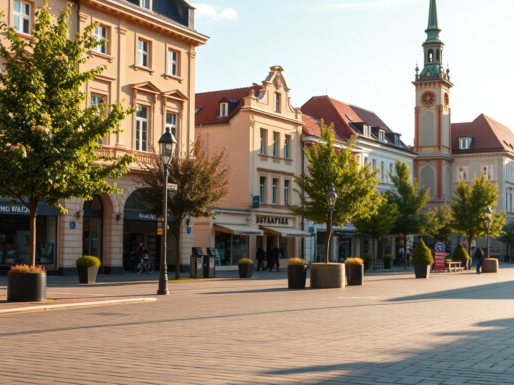 Plac Wolności w Bydgoszczy z nowymi pawilonami kwiatowymi i droga krajowa nr 10