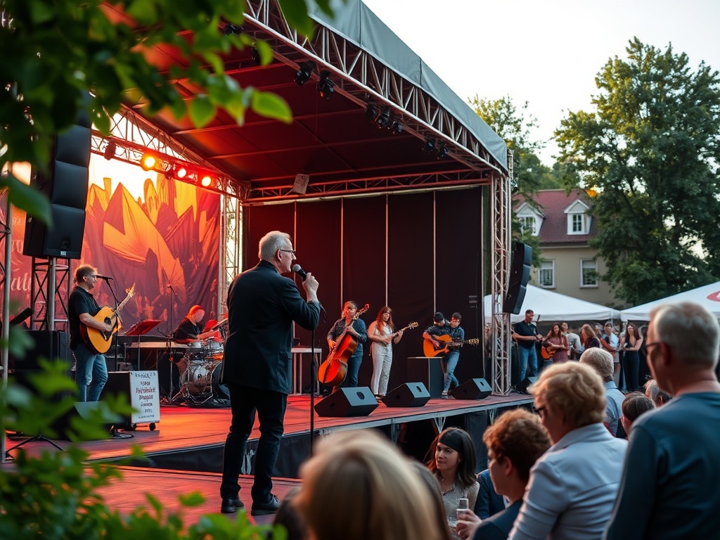 Grafika przedstawiająca nowoczesny budynek Filharmonii Pomorskiej w Bydgoszczy z akcentami kulinarnymi, symbolizująca rozwój kultury i gastronomii w mieście.