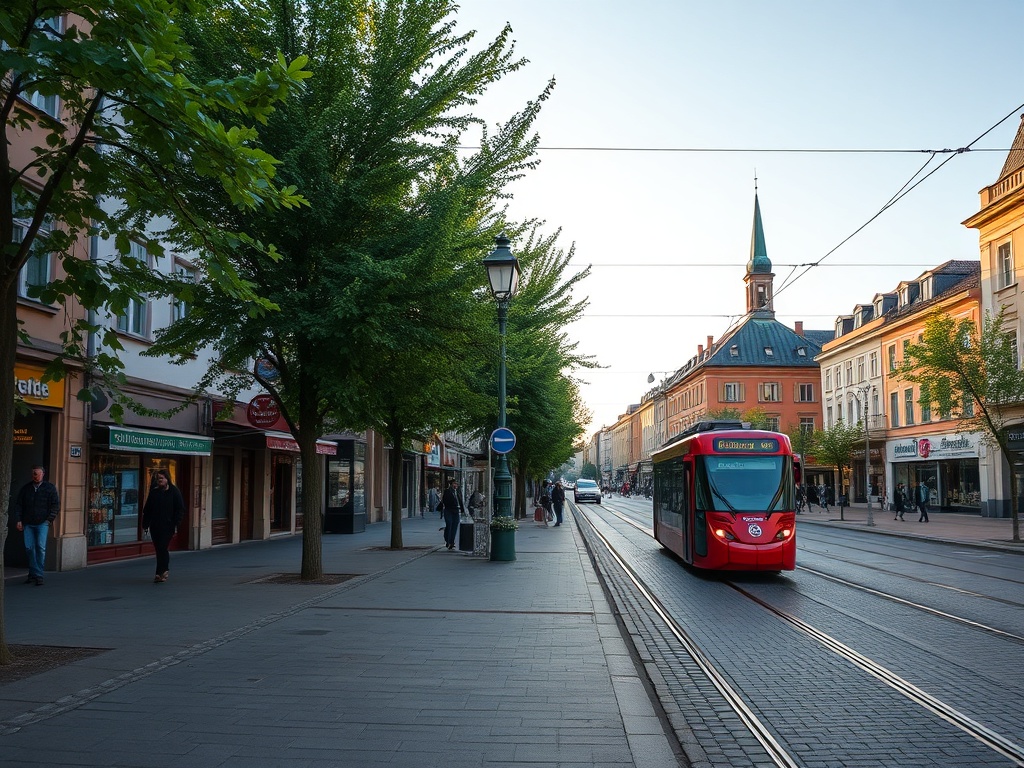 Ilustracja przedstawiająca tramwaj miejski w Bydgoszczy obok pizzerii, symbolizująca wiadomości o transporcie i gastronomii.